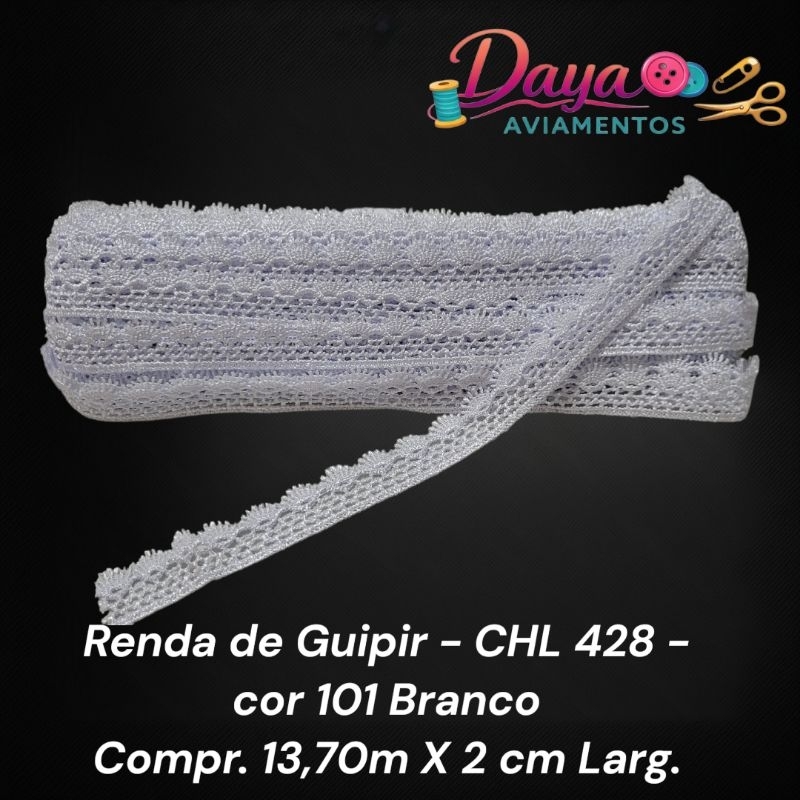 Renda de Guipir - CHL 428 - cor 101 Branco- Compr. 13,70m X 2 cm Larg.