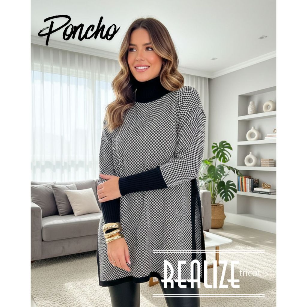 Poncho Tricot Gola Alta Feminino Casaco Xadrez Com Fendas Laterais Elegante Moda Outono Inverno
