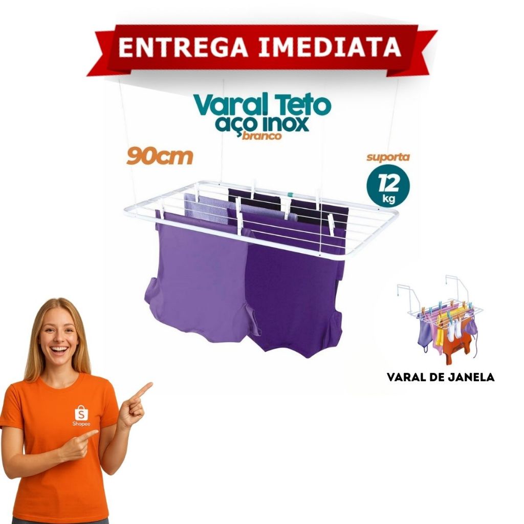 Varal de Teto e Janela de Aço 90cm Com Kit Instalação 12 Kg