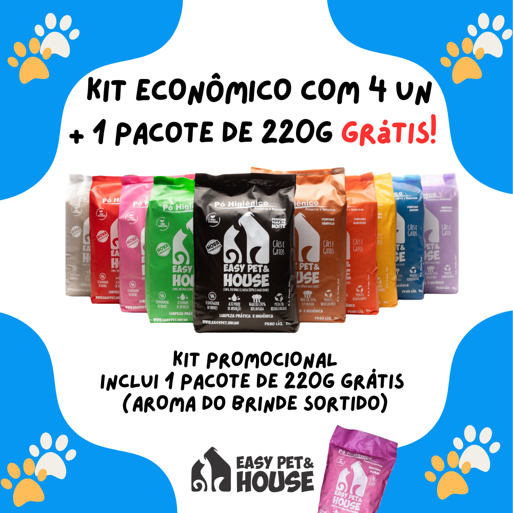 Kit 4 Pó Higiênico + 220g Grátis EasyPet Eliminador de Odores para Cães e Gatos Mais Vendidos