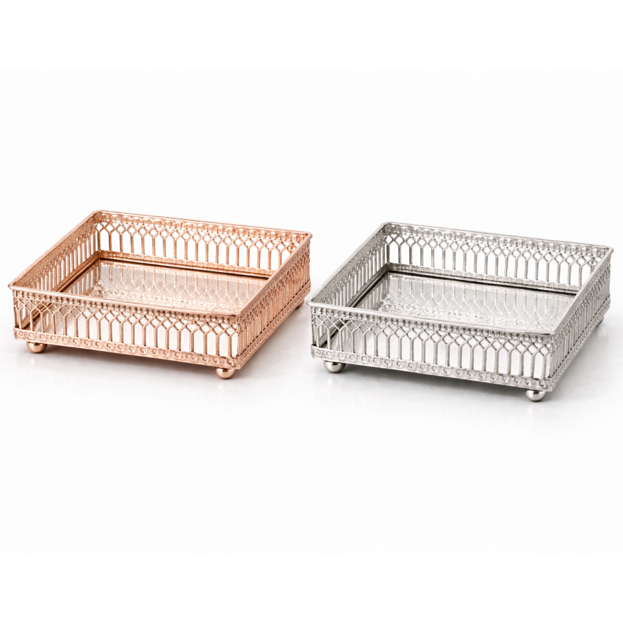 Bandeja de Lavabo Espelhada 12x12cm Rose Gold ou Prata | Bandeja Decorativa Metal Luxo Banheiro