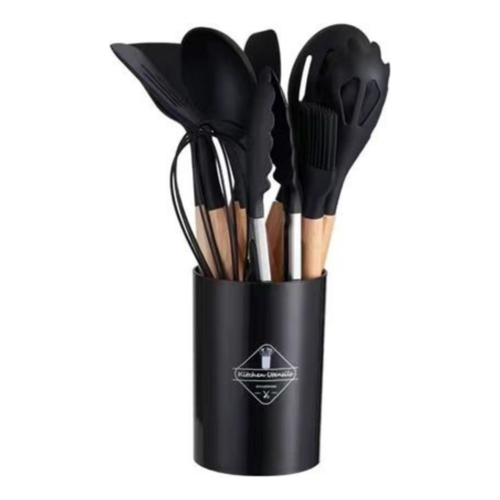 Kit Utensílios Cozinha Silicone 12 Peças Suporte Cabo Bambu