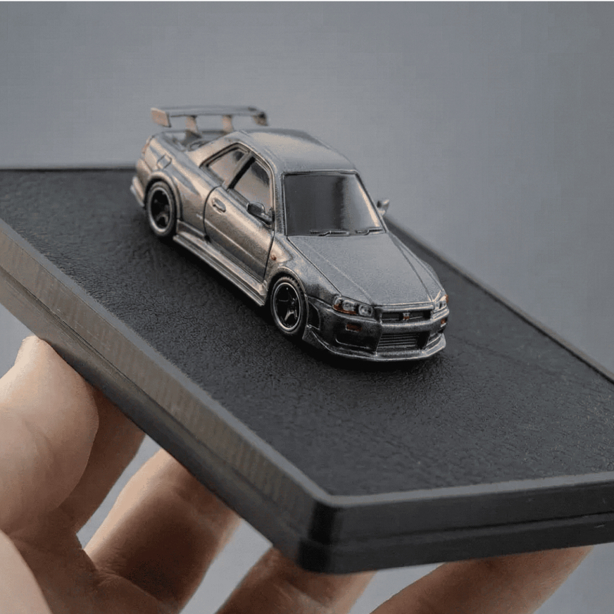 Miniatura Nissan GT-R R34 3D para Montar | Kit Cartão Carro JDM com Rodas Móveis