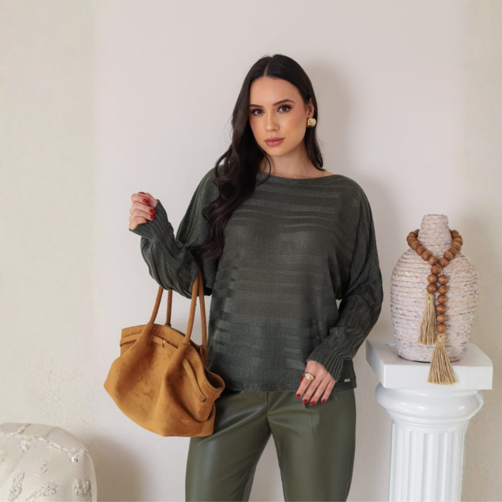 Blusa Feminina Tricot Canelada Morcego Inverno Elegante Luxo Casual Confortável