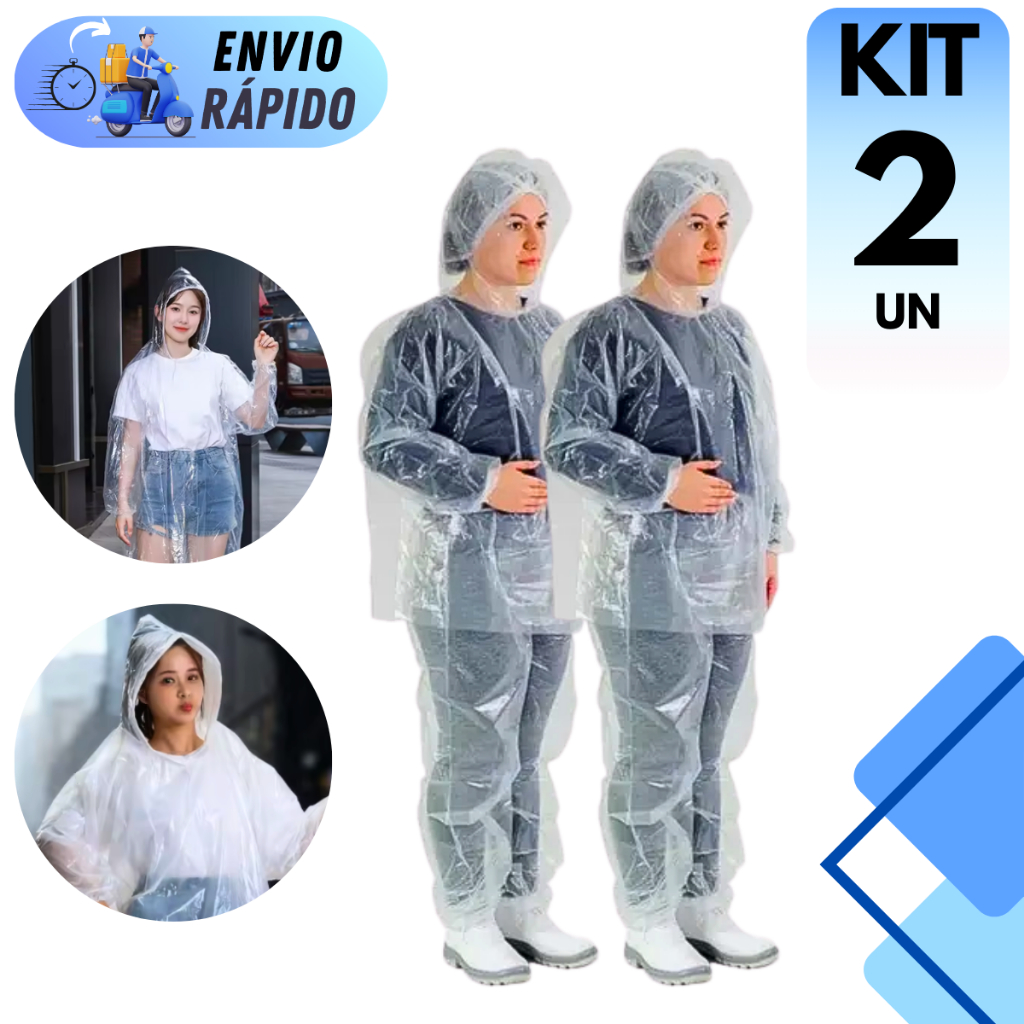 Kit 2 Capa De Chuva Descartável Transparente Polietileno Unissex Com Capuz Punho Elástico