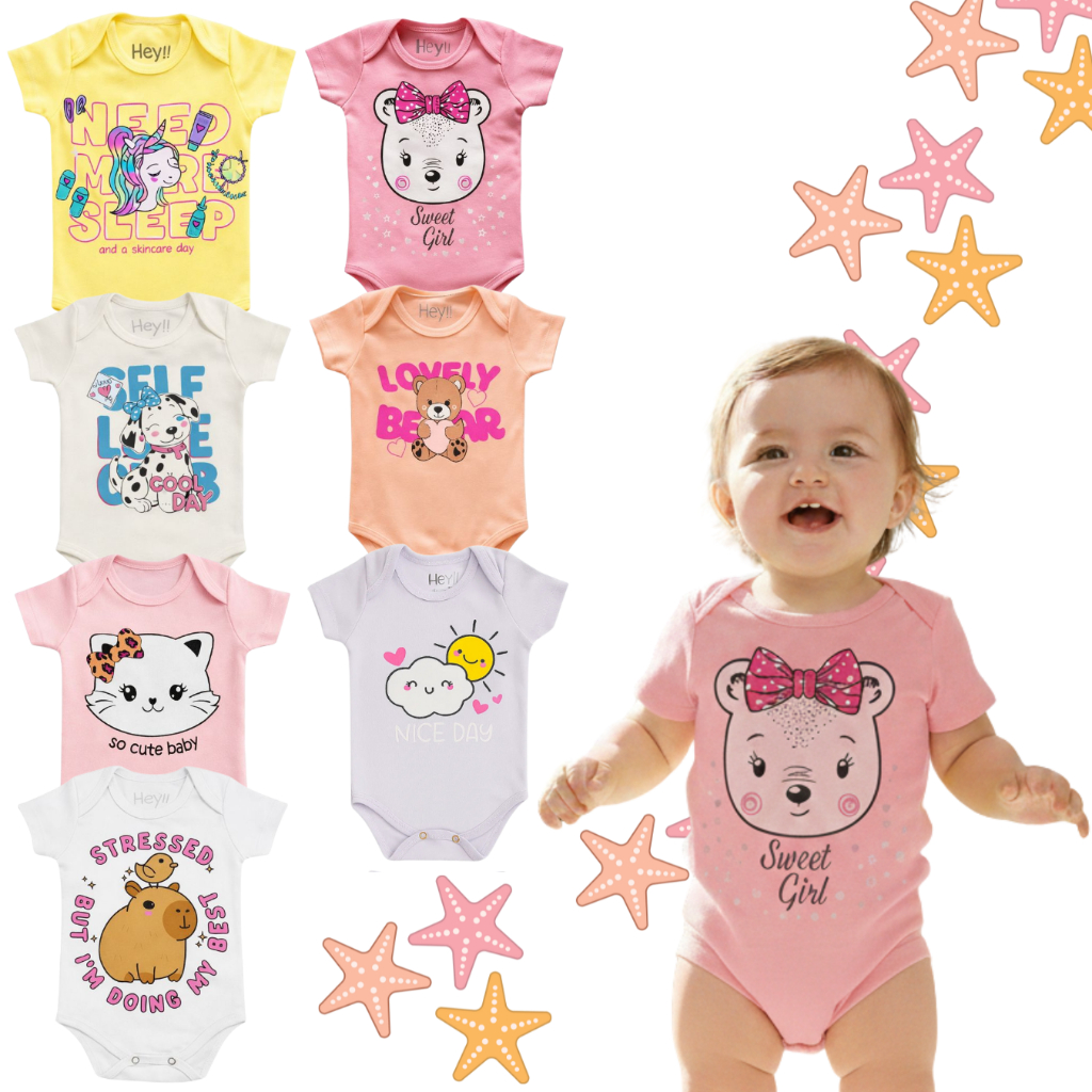 Body de Bebê Menina - Roupa de Bebê Sortido Manga Curta - Conjunto para Bebê - Tamanho P ao GG