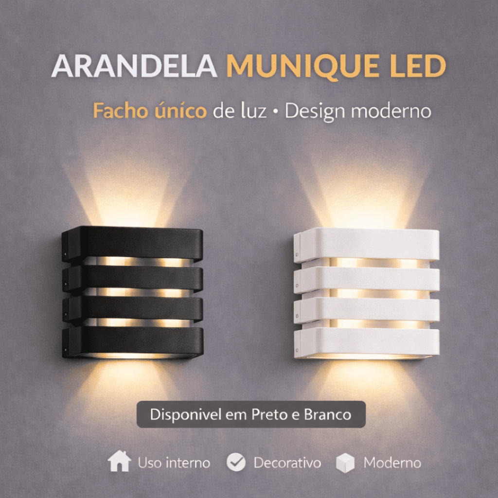 Arandela Munique LED Sobrepor Facho Único Preta/Branca Decorativa
