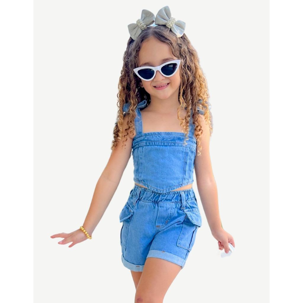 Conjunto Top e Short Jeans Infantil Menina Presente Aniversário Férias Shopping Verão Parque