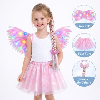 Fantasia Infantil Asa de Fada com LED + Saia Tule + Trança | Kit Completo Menina 1 a 4 Anos em Oferta na Shopee