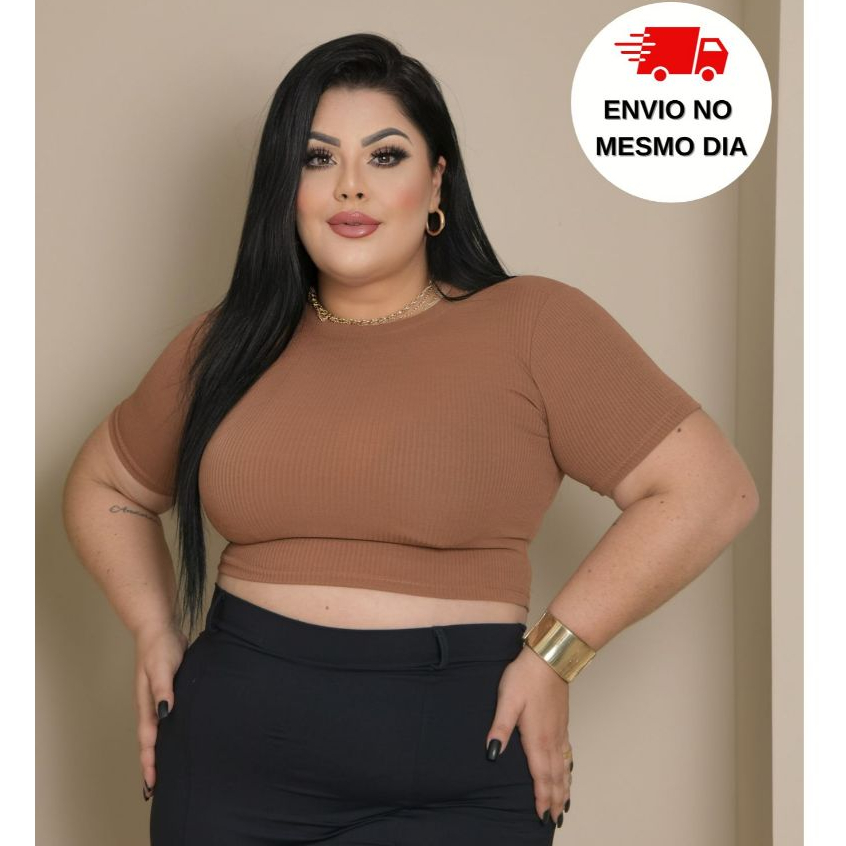 Cropped Plus size Blusa feminina canelada manga curta básico casual