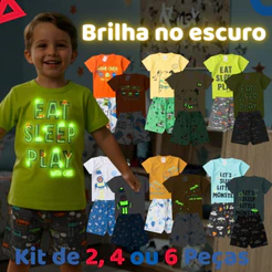 Kit de 2, 4 ou 6 Peças Pijama Infantil Brilha no Escuro Menino Verão Roupa Infantil Masculino