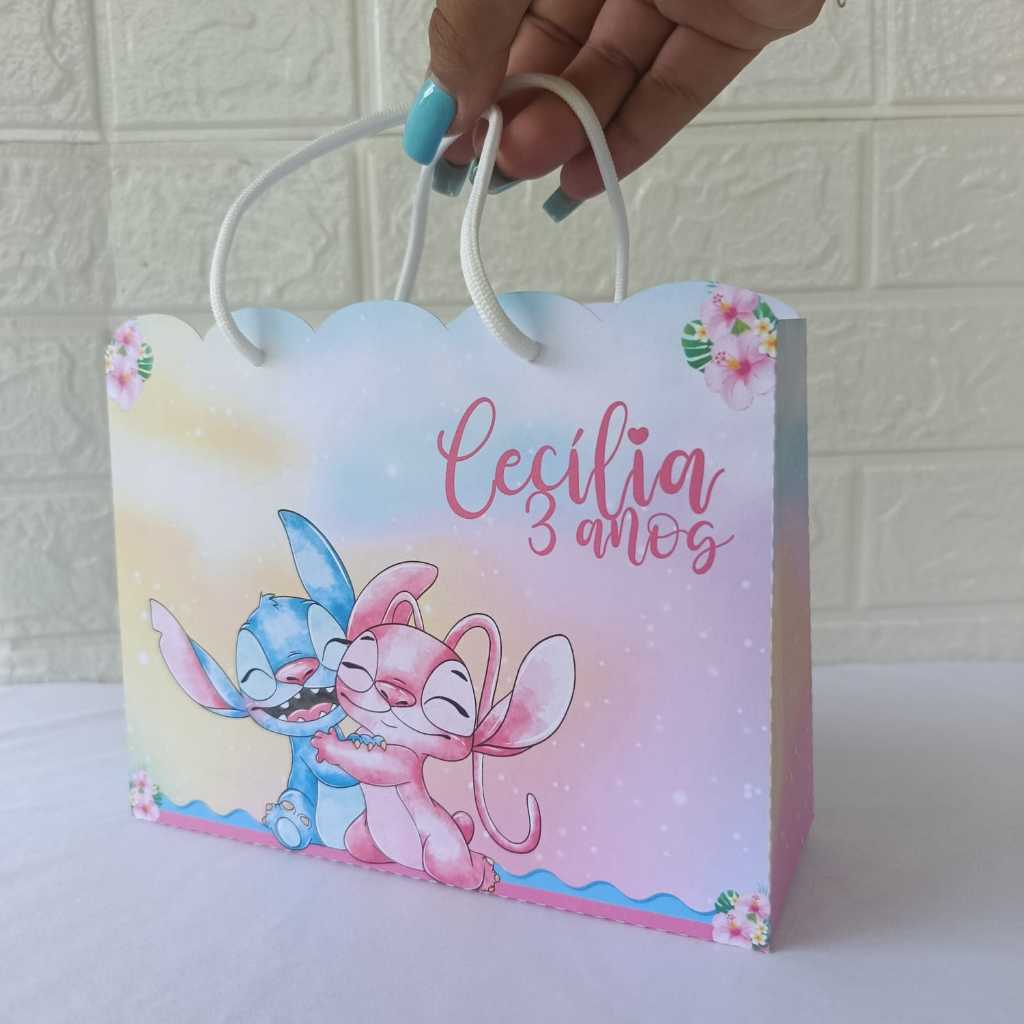 Sacolinhas para Lembrancinha Personalizada Stitch e Angel Aquarela - Festa Infantil - DESMONTADA