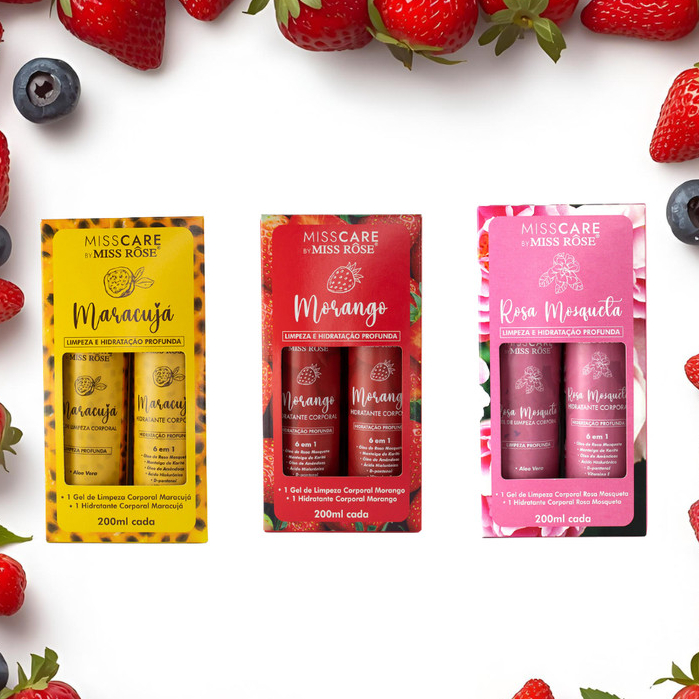 Kit Gel De Limpeza Corporal + Hidratante Corporal  By Miss Rose -Morango, Maracujá E Rosa Mosqueta