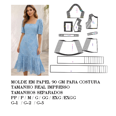 MOLDE,MODELAGEM DE VESTIDO MID 3 MARIAS MANGA PRINCESA EM PAPEL 90 GM PARA COSTURA HSTZ-291