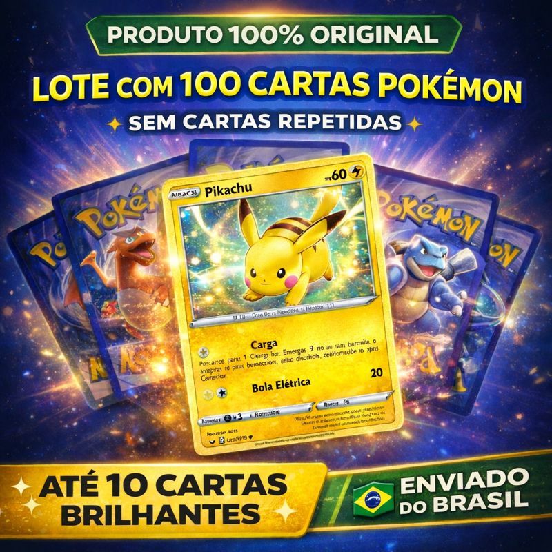 Lote de Cartas Pokémon Original Sem Repetidas e com Brilhantes Garantidas - 10, 20, 50 ou 100 Cartas - Cartinha Pokemon