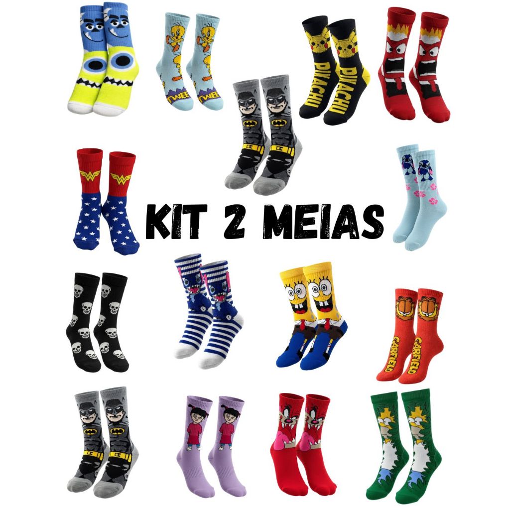 kit 2 Meias Divertida Cano Longo Estampada Personagem  Meia TematicaTamanho 35 ao 44 em Oferta na Shopee