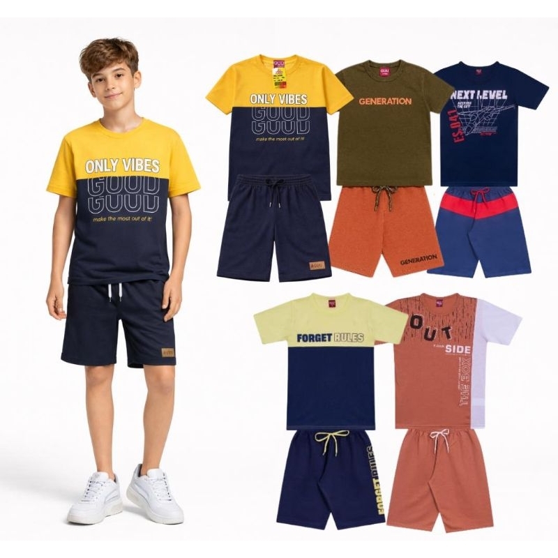 10 Peças de Roupa Menino Verão - Conjunto Juvenil Masculino - 5 Camisetas e 5 Bermudas