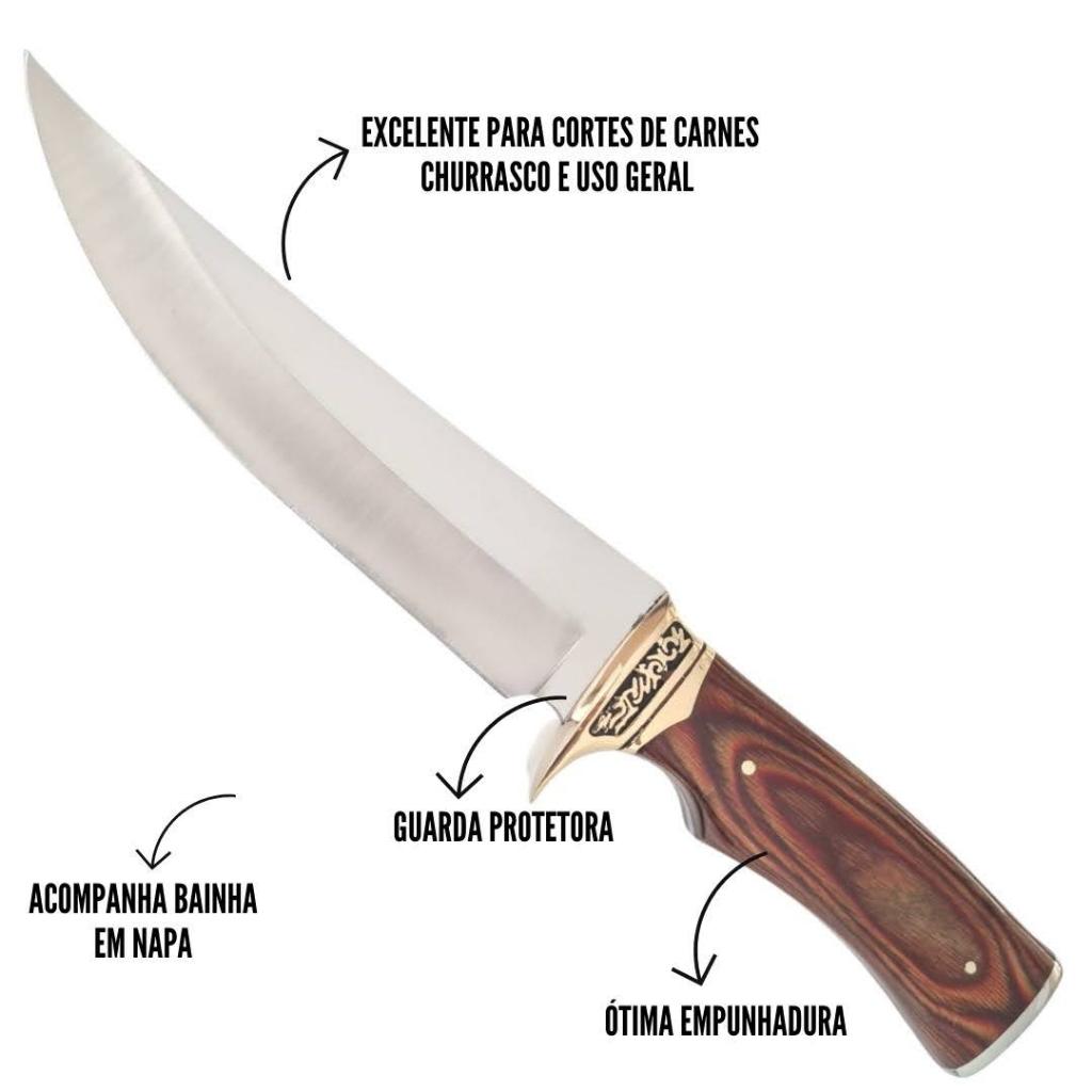 Faca Churrasco Caça e Pesca Cabo Artesanal Guarda Dourada Cabo Madeira  Aço Inox Com Bainha