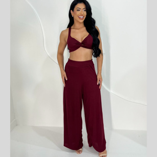 Conjunto Feminino Luxo – Top Cropped e Calça Pantalona Cintura Alta em Oferta na Shopee