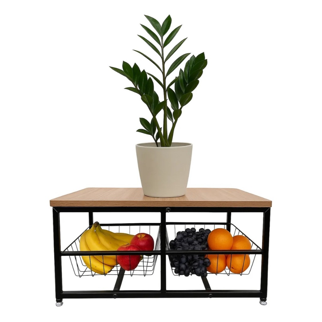 Fruteira de Bancada ou de Parede Estilo Industrial 2 Cestos Suporte Microondas Tampo Amadeirado em Oferta na Shopee