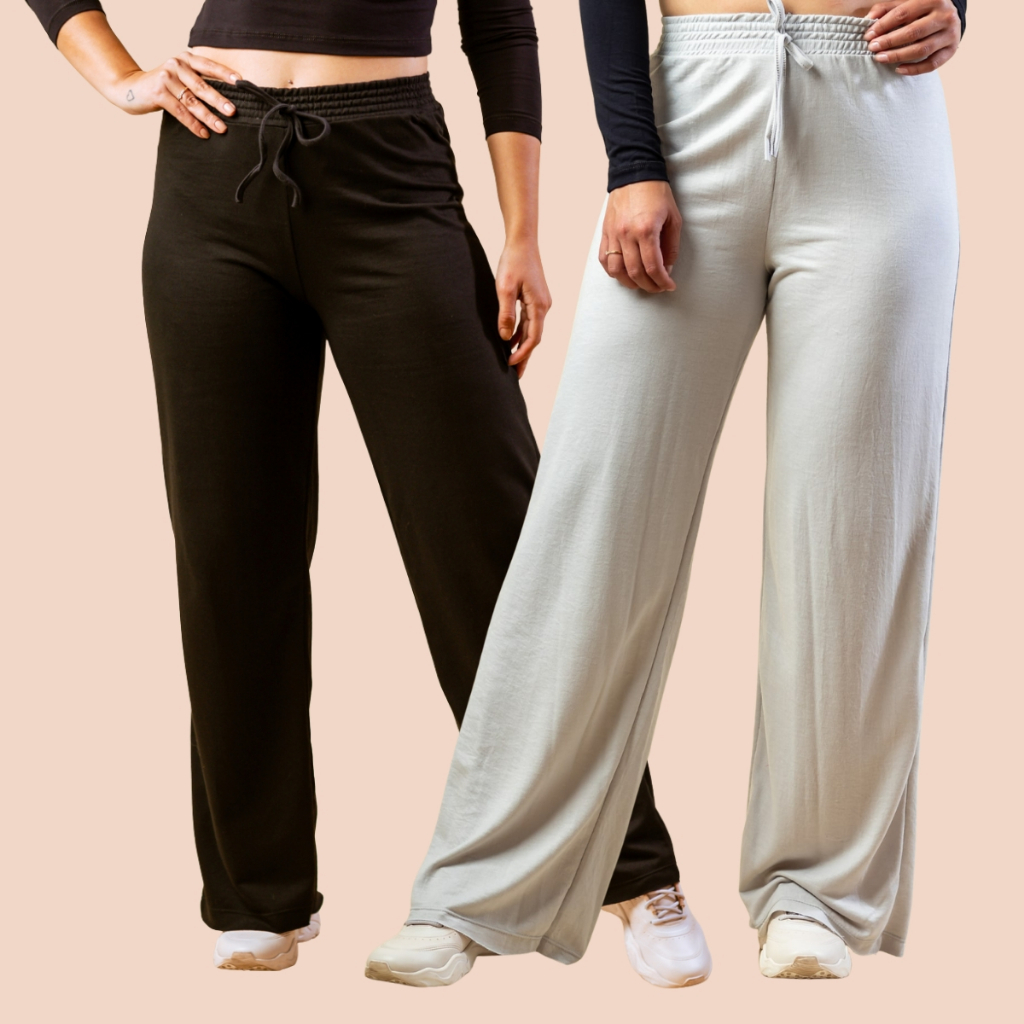 KIT 2 Calça Pantalona Femenina Moletinho Wide Leg Feminina Moletom Cos Alto