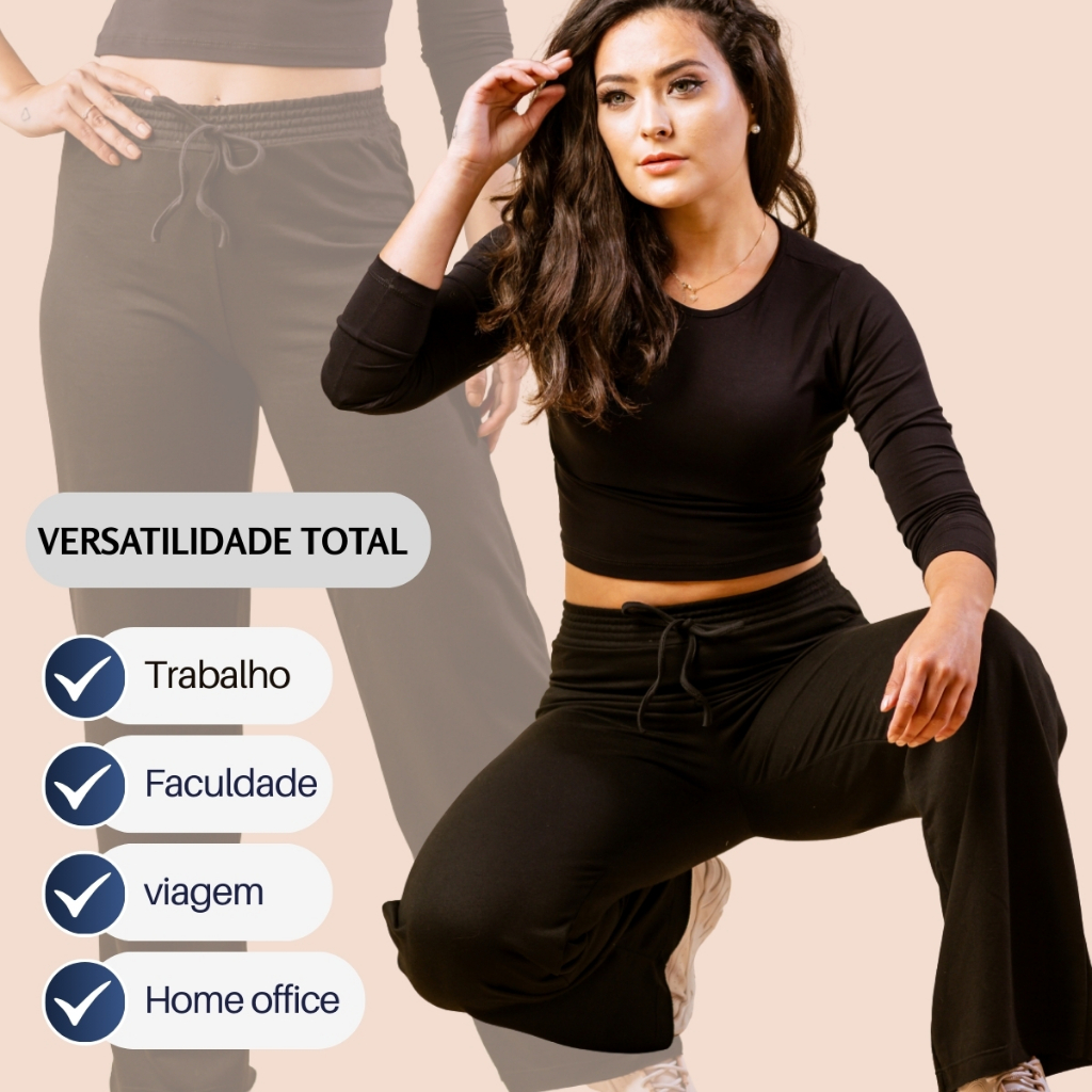 KIT 3 Calça Moletinho Pantalona Feminina Moletom Cos Alto Wide Leg
