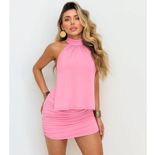 Conjunto Feminino 2 Peças Blusa Gola Franzida + Saia Franzida Moda Verão Elegante em Oferta na Shopee