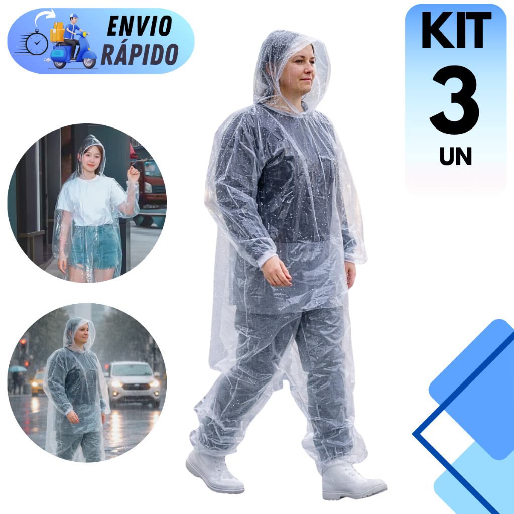 KIT 2 E 3 UNIDADES CONJUNTO CAPA DE CHUVA DESCARTÁVEL TRANSPARENTE COM CAPUZ IMPERMEÁVEL BRASMO CONFORTÁVEL em Oferta na Shopee