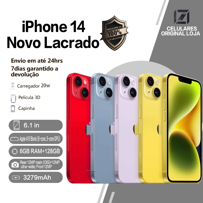 Celular iPhone 14 128GB Chip A15 Bionico pleno, Dual E-SIM resistência IP68 1 Ano com