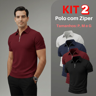 Kit 2 Camiseta Polo Com Ziper Manga Curta Canelada Camisa Básica Malha em Oferta na Shopee