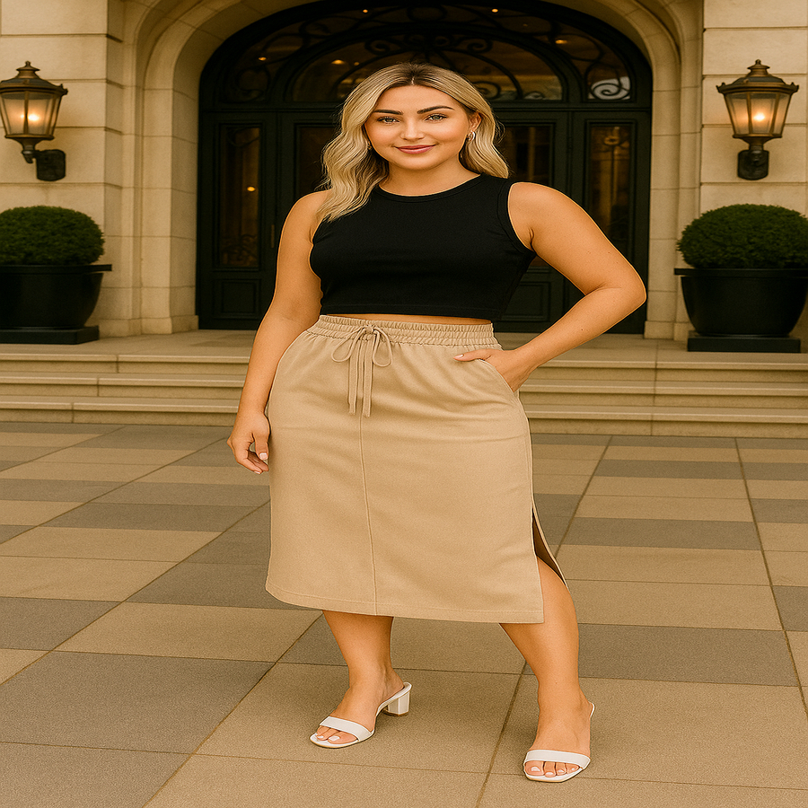Saia Midi Feminina Moletinho Cós Alto Ajuste Perfeito Básica Fashion Dia a Dia