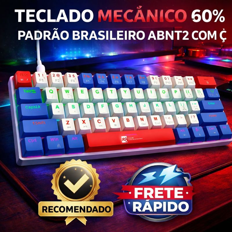 Teclado Gamer Mecânico 60% Switch Azul Profissional Cabo Removível USB Portugues ABNT2 TRES CORES
