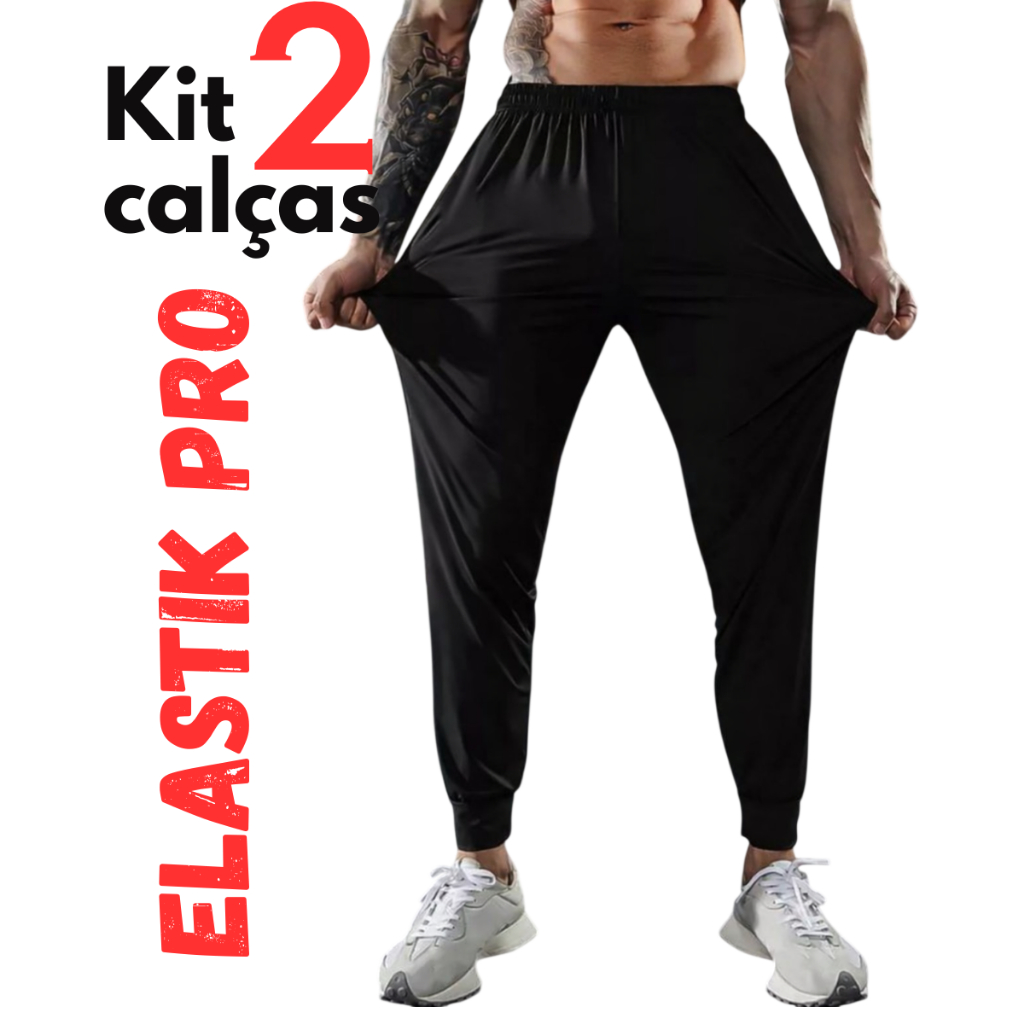 Kit com 2 Calça Masculina Elastik Pro Burn Elastano com Tactel Slim Fit Esportiva Leve Confortável Academia