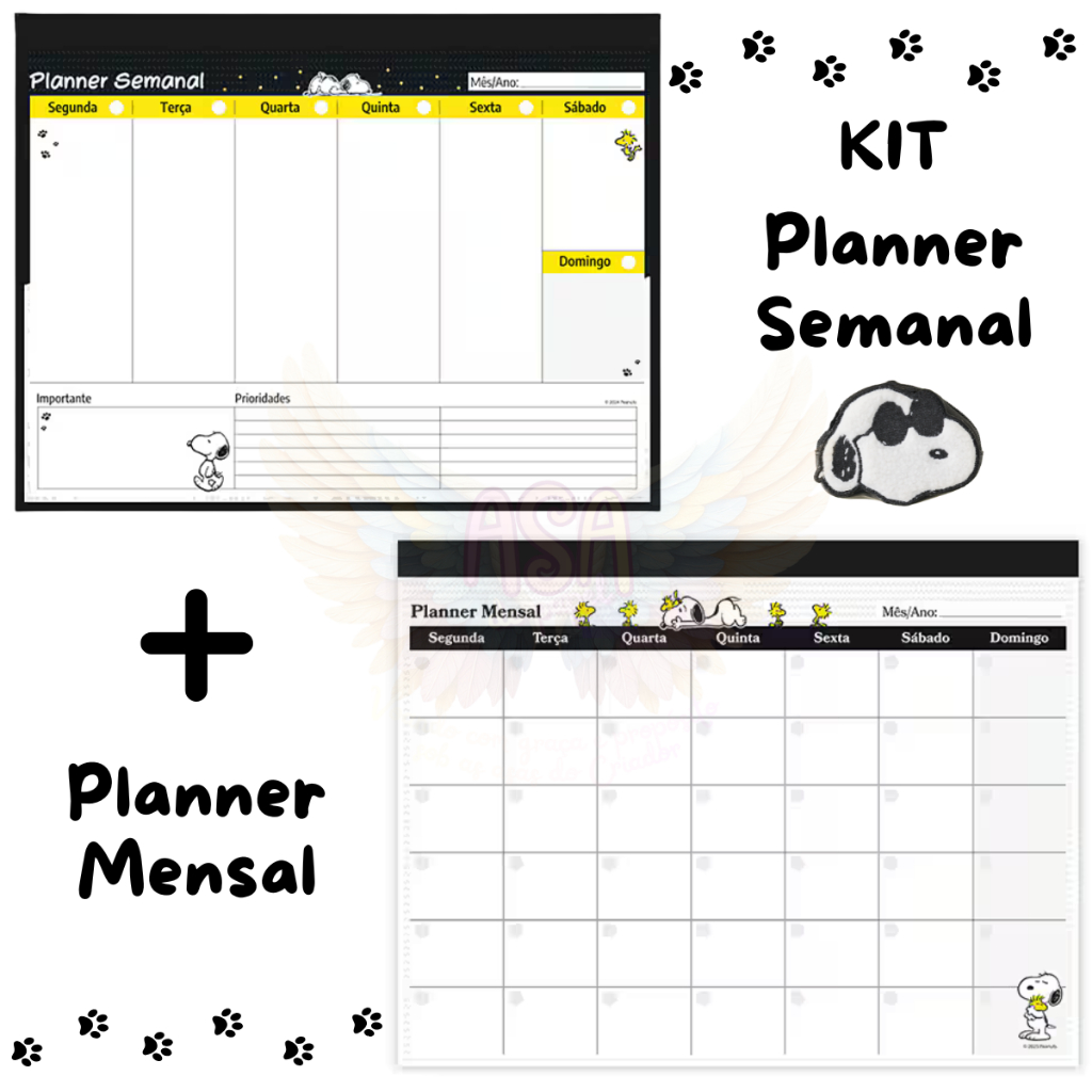 Kit Planner Semanal Mensal Calendario de Mesa Sem Data Snoopy Spiral Organização Rotina Estudos Escritório