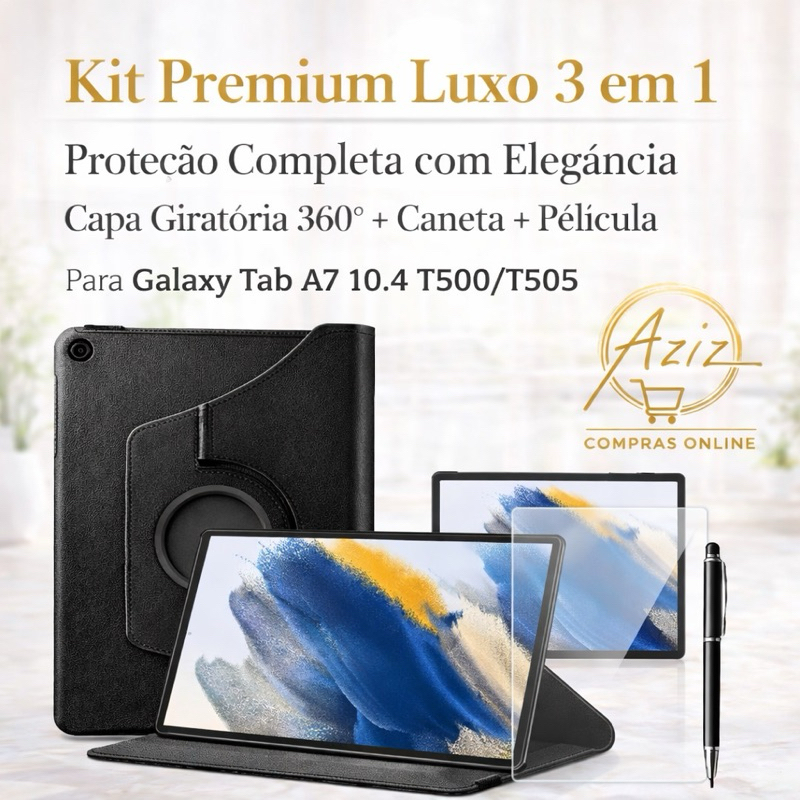 Kit Completo Premium Galaxy Tab A7 10.4 T500/T505 –Capa Giratória 360° +Película Protetora +Caneta 2 em 1(Escreve+Touch)
