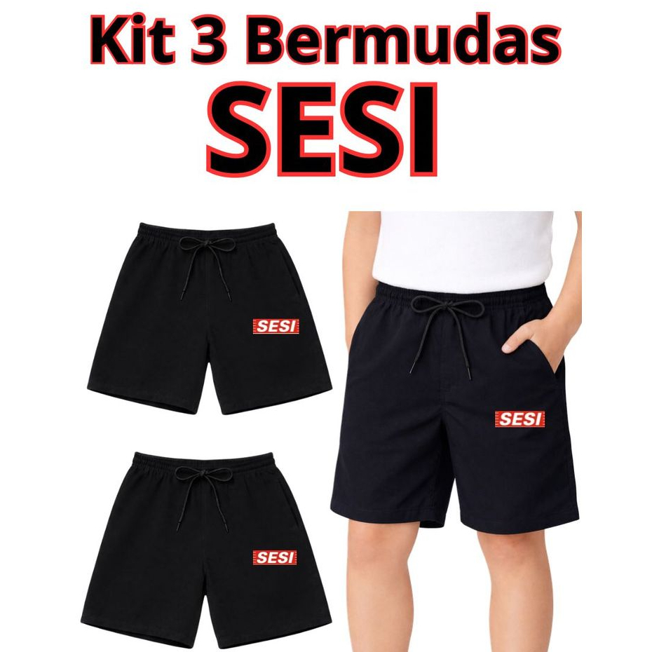 KIT 3 BERMUDAS SESI TACTEL COM ELASTANO MASCULINA INFANTIL UNIFORME ESCOLAR