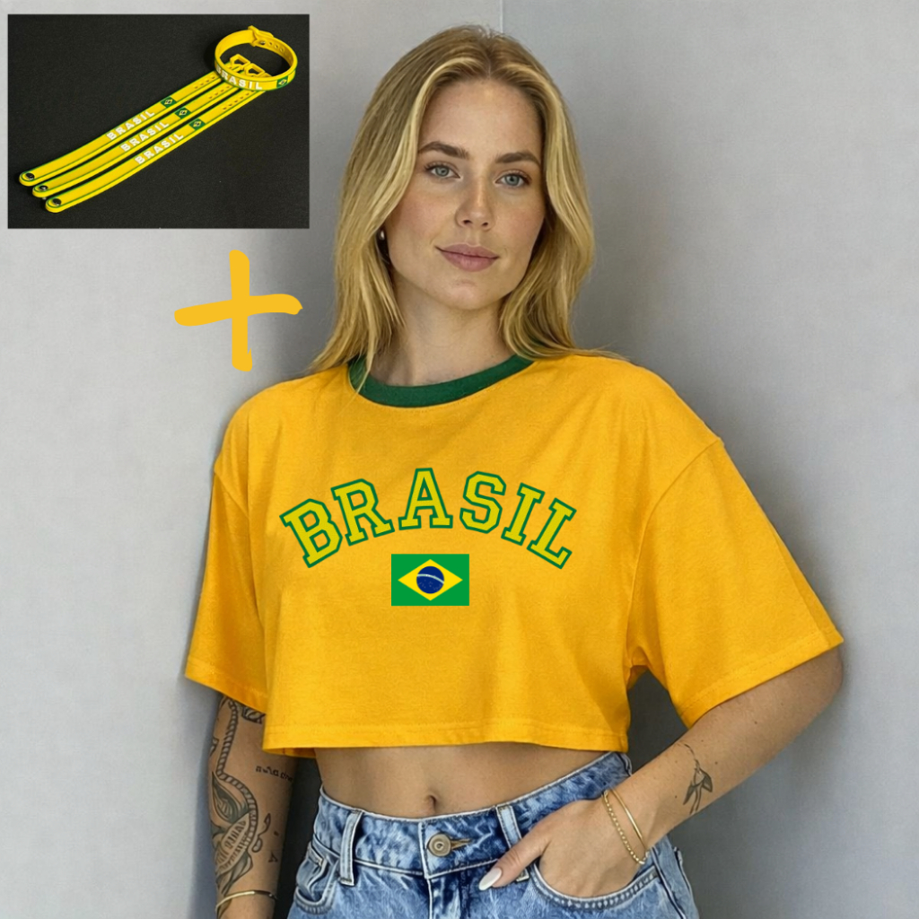 Kit Cropped Oversized Brasil Bandeira Feminino + Pulseira Silicone Copa do Mundo Estampa Bandeira 100% Algodão