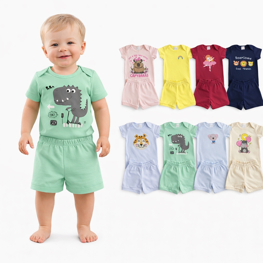 Conjunto Bebê Infantil Algodão Body e Short Estampado Verão Menino Menina | RN ao GG | REF 2401/2402