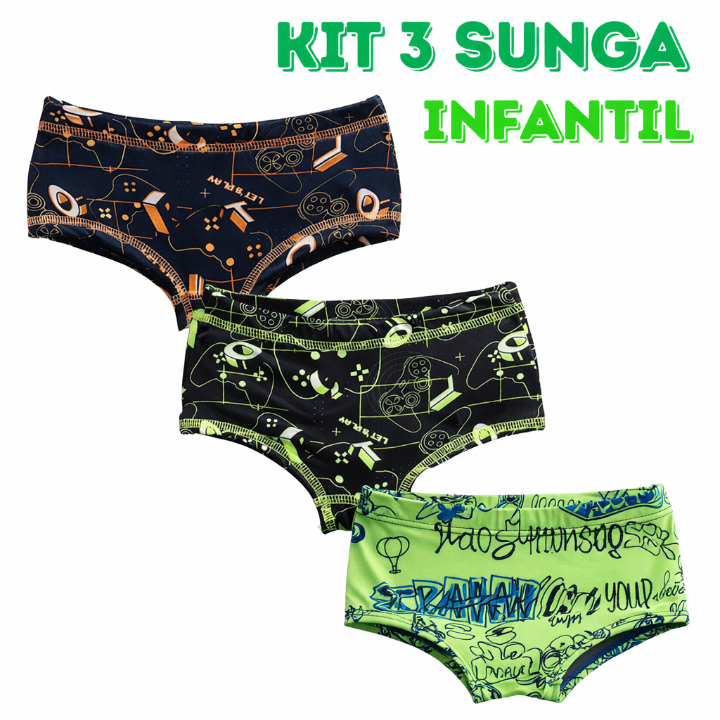 Kit 3 Peças De Sunga Infantil Proteção Solar Moda Praia e Banho Com Forro UV50+ Bebê Menino Juvenil Tam 1 A 12 Anos