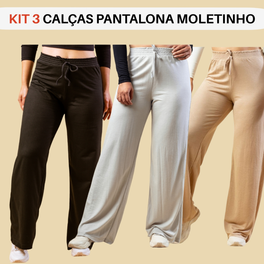 KIT 3 Calça Moletinho Pantalona Feminina Moletom Cos Alto Wide Leg em Oferta na Shopee