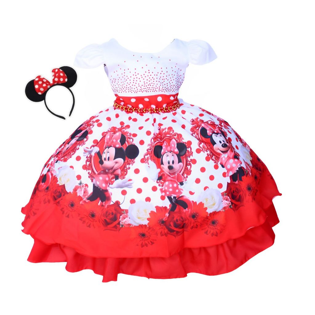 Vestido Festa Luxo Infantil Juvenil Minnie Vermelha com Tiara de Orelha