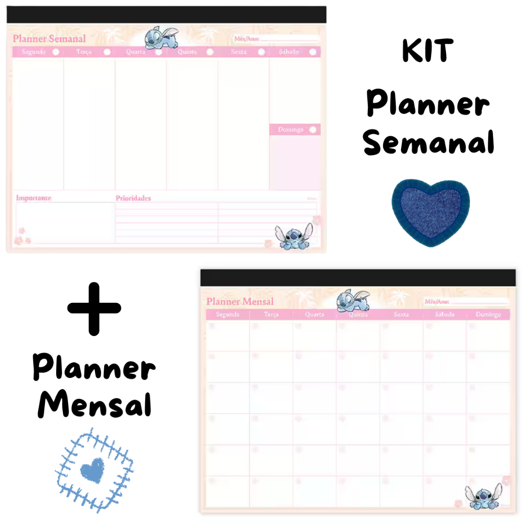 Kit Planner Semanal Mensal Calendario de Mesa Sem Data Stitch Spiral Organização Rotina Escolar Escritorio