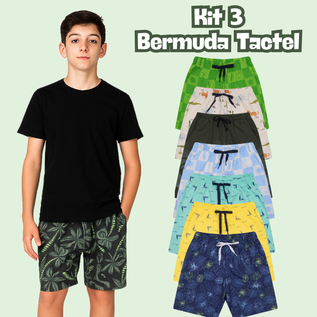 Kit 3 Bermuda Shorts Tactel Infantil Juvenil Estampado Sortido Menino Verão Tam 1 ao 16