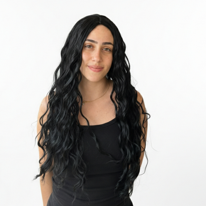 Wig Peruca Longa Cacheada Ondulada Afro Preta Fibra Orgânica Premium Aspecto Natural