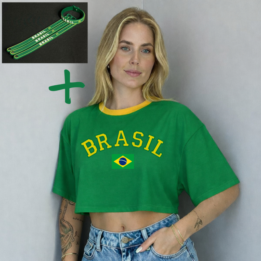 Kit Cropped Oversized Brasil Bandeira Feminino + Pulseira Silicone Copa do Mundo Estampa Bandeira 100% Algodão