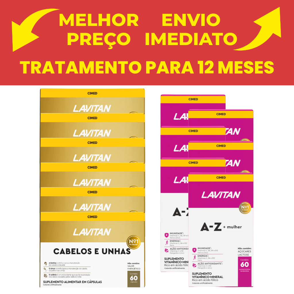 Kit 6 Lavitan Hair Cabelos e Unha com Cimed 60 Cápsulas + 6 Lavitan Mulher C/60 Biotina