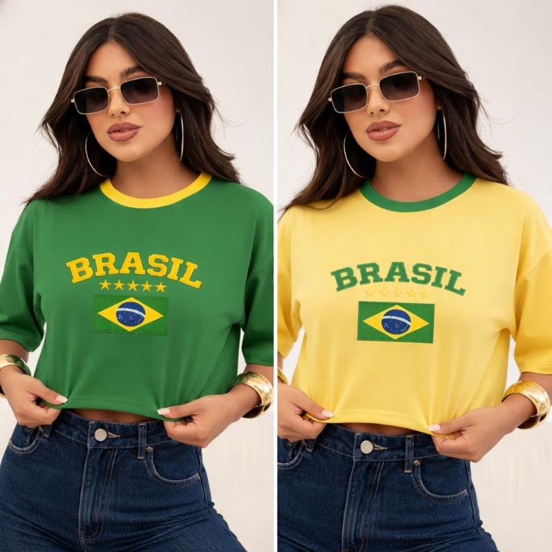 Kit 2 Cropeed Oversized Feminino Brasil 100 % Algodão Copa do Mundo em Oferta na Shopee