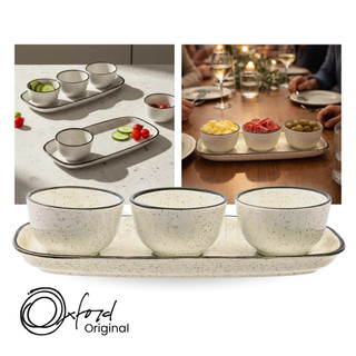 Jogo de Petisqueira 3 Bowls com Bandeja em Cerâmica Retangular Para Servir Domus Brisa Ox…