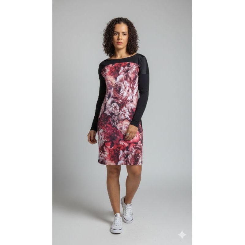Vestido Manga Longa Carmim Long Sleeve Estampa Floral Exclusiva Vermelho e Preto Tam. M