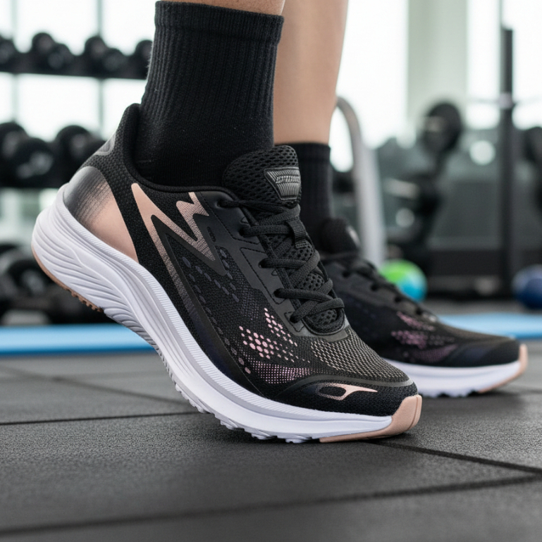 Tênis Feminino Fitness com Amortecimento Ideal para Treino e Corrida Preto Nude